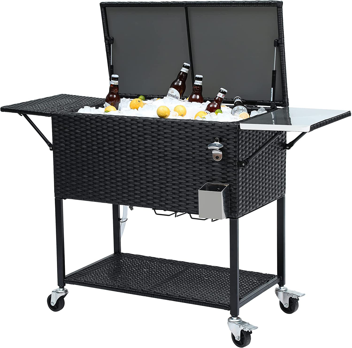 YITAHOME 80 Quart Wicker Rolling Cooler Cart with Bottle Opener Drainage. Portable Patio Cooler Rolling on Wheels. Outdoor Rolling Beverage Cart Drink Cooler for Patio Pool Deck Party Cookouts. Black