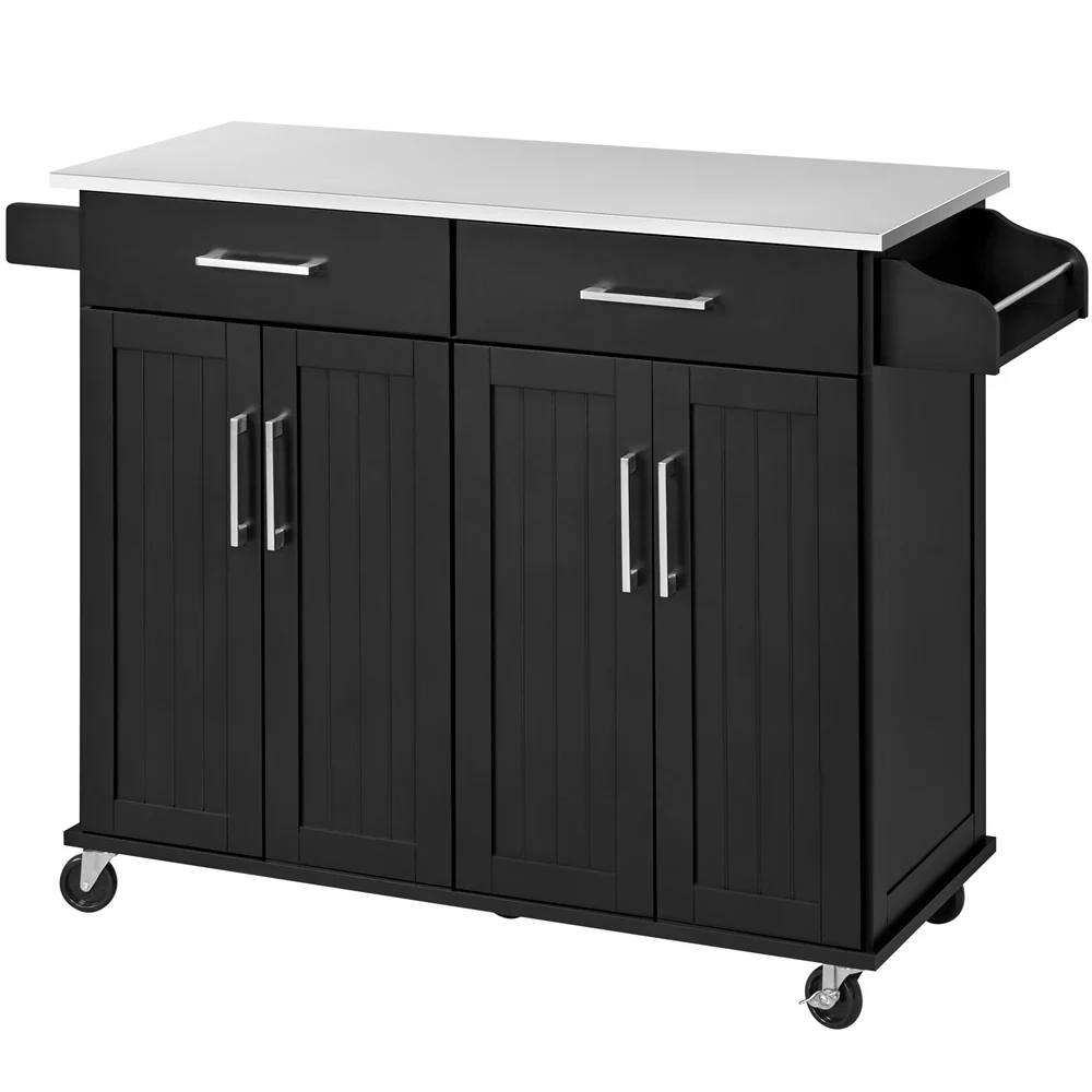 Easyfashion Large Kitchen Island Cart with Stainless steel tabletop. Black