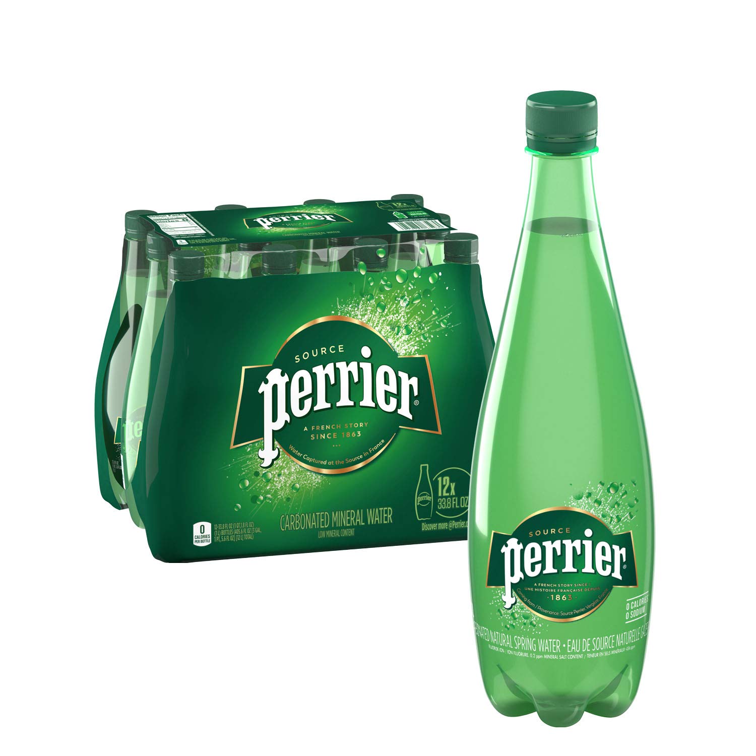 Perrier Carbonated Mineral Water. 33.8 fl oz. Plastic Bottles (12 Count)