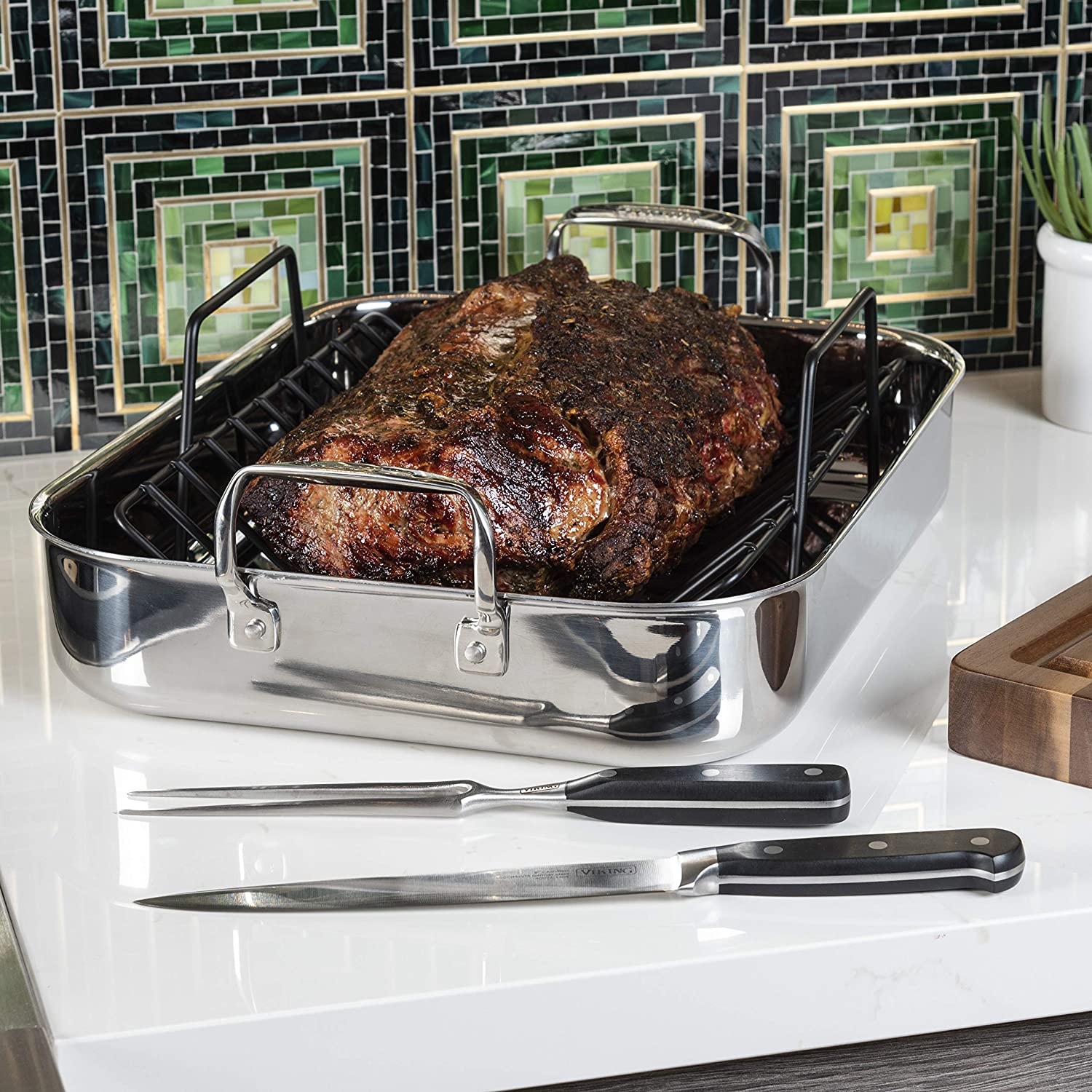 Viking 3-Ply Clad Stainless Steel Roaster with Rack and 2-Piece Carving Set