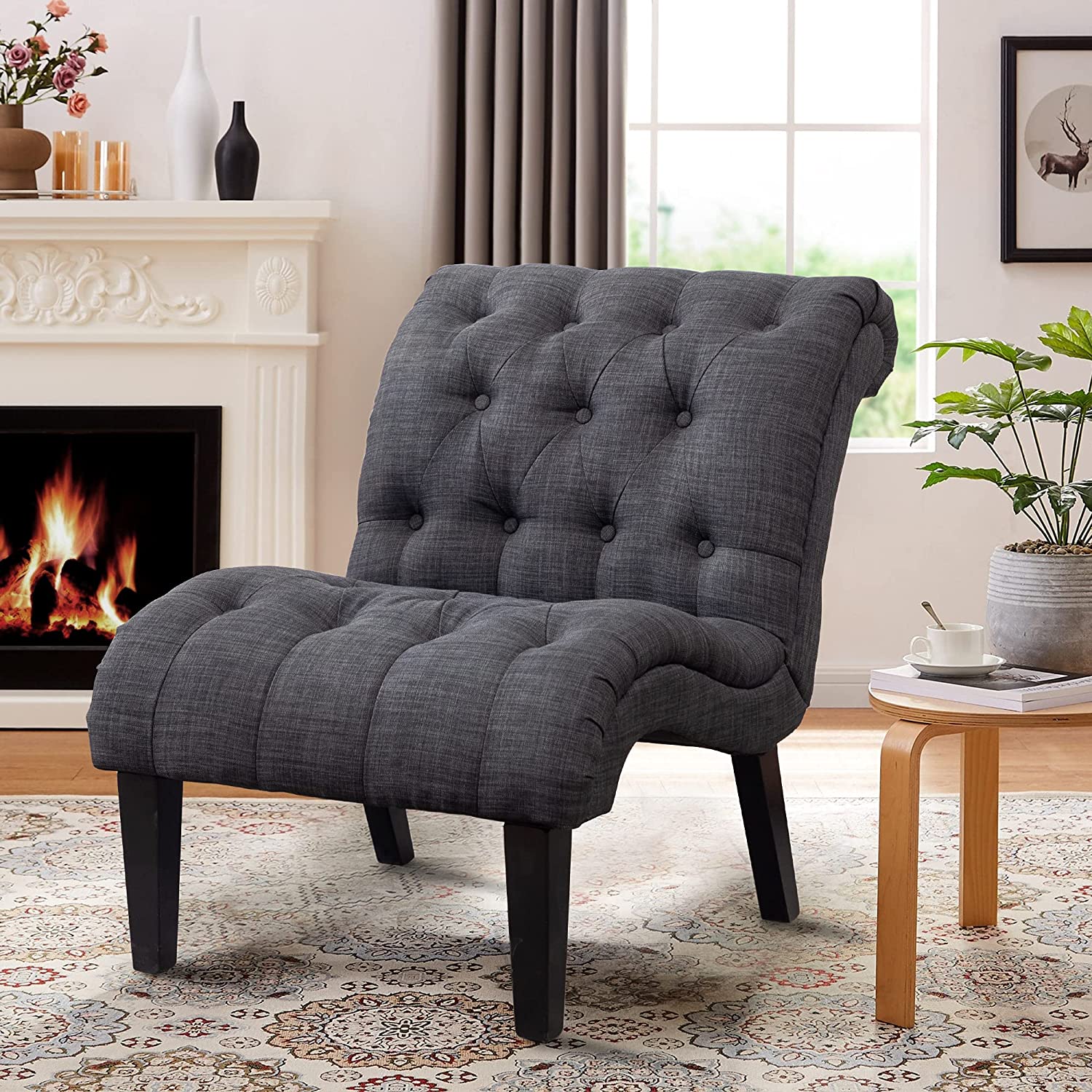 Andeworld Upholstered Accent Chair for Bedroom Living Room Lounge Chair with Wood Legs Gray Fabric