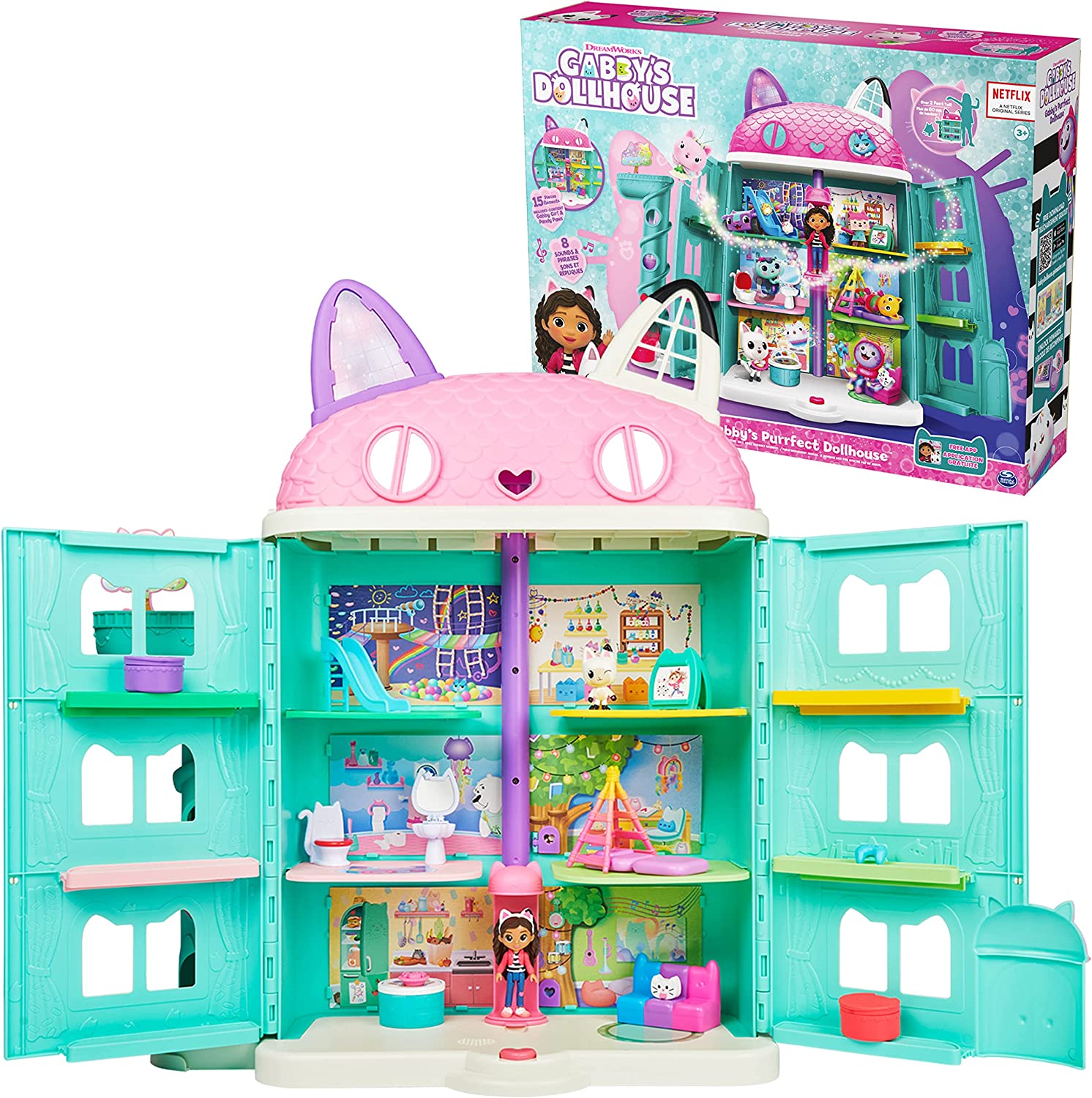 Gabby's Dollhouse. Purrfect Dollhouse with 15 Pieces including Toy Figures. Furniture. Accessories and Sounds. Kids Toys for Ages 3 and up
