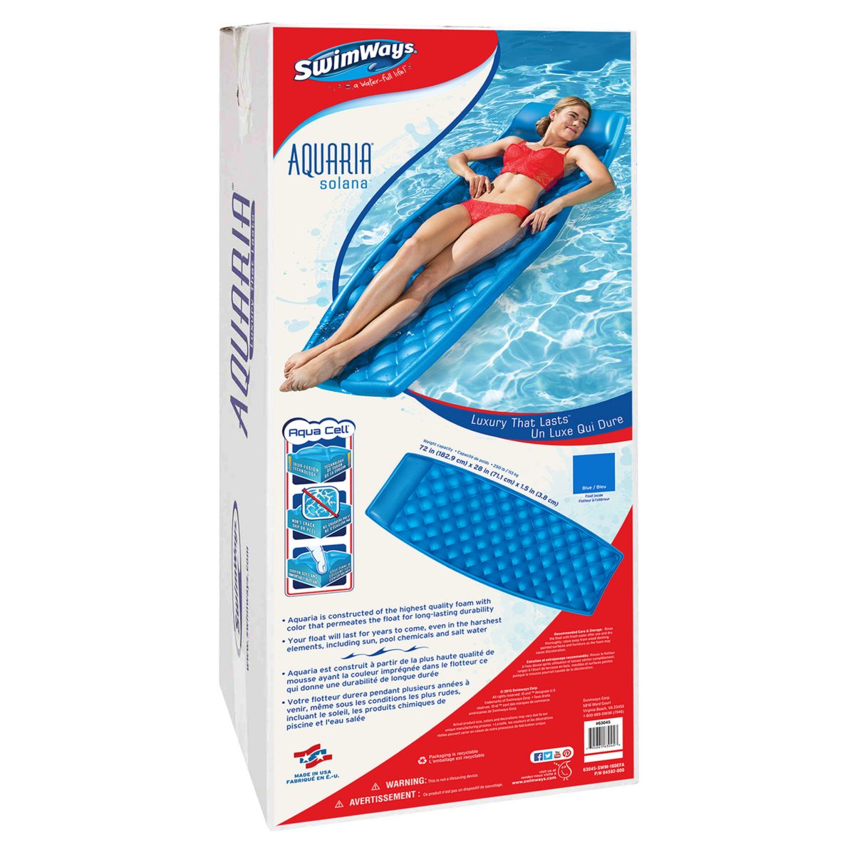 Big Joe Aquaria Solona Swimming Pool Padded Floating Luxury Lounge Chair. Blue