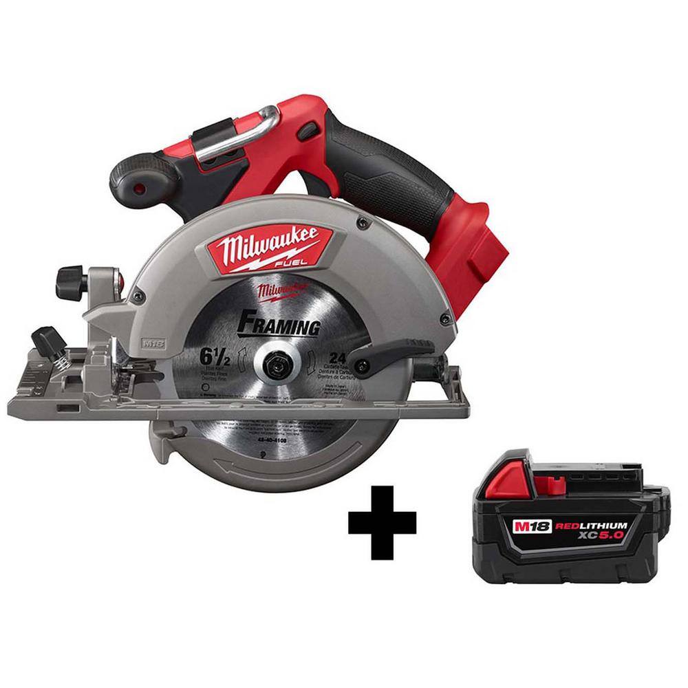 Milwaukee 2730-20-48-11-1850 M18 FUEL 18V Lithium-Ion Brushless Cordless 6-1/2 in. Circular Saw W/ M18 5.0 Ah Battery