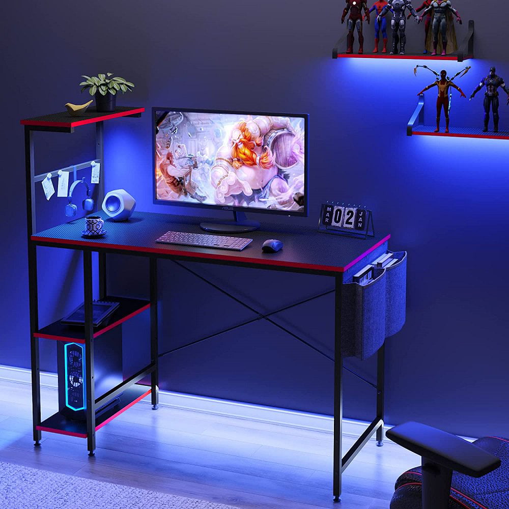 Bestier Reversible 44 inch Computer Desk with LED Lights Gaming Desk . 4 Tier Shelves Carbon Fiber