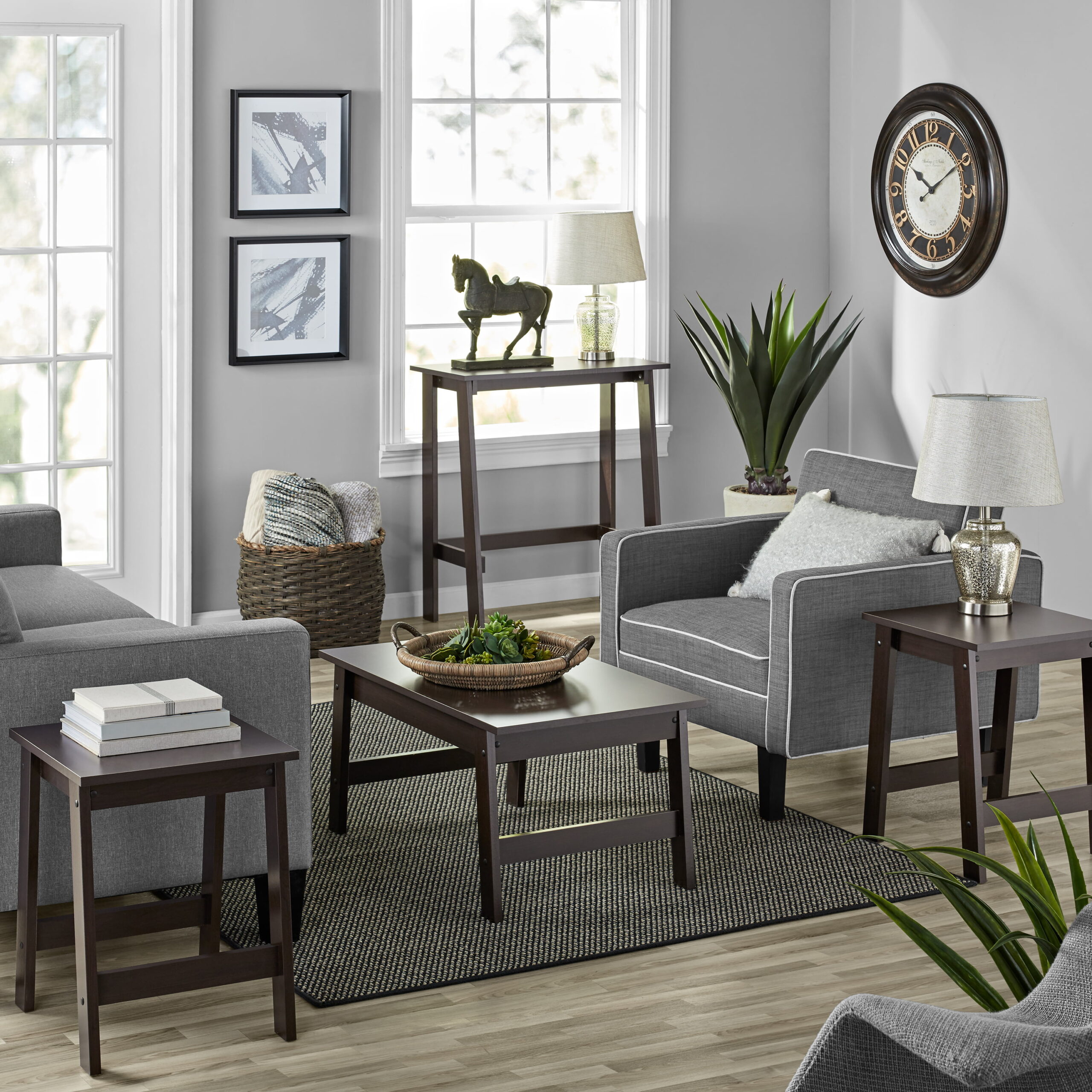 Mainstays Pilson 3 Piece Coffee Table and End Table Set. Espresso Finish