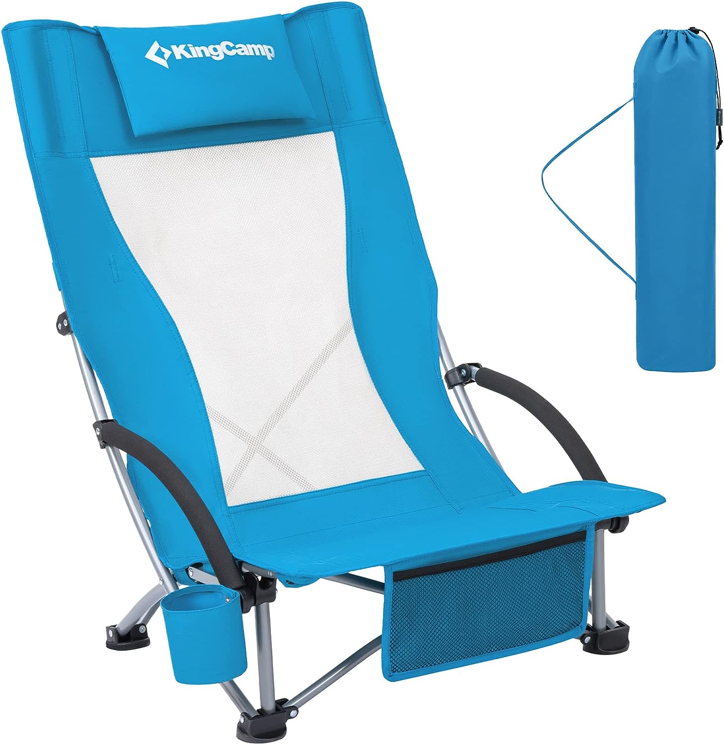 KingCamp Low Sling Beach Chairs.Folding High Mesh Reclining Back Chair for Adults with Headrest.Cup Holder.Carry Bag Padded Armrest for Sand Camping Lawn Concert Travel Festival