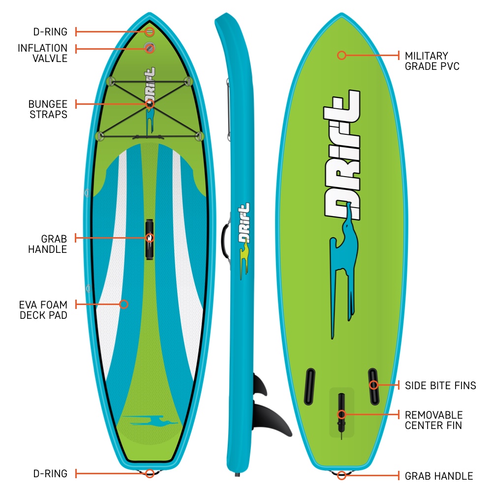 Drift Kid-s super stable Inflatable Stand Up Paddle Board. 8-x33″ SUP with Adjustable Aluminum Paddle & Backpack Travel Bag