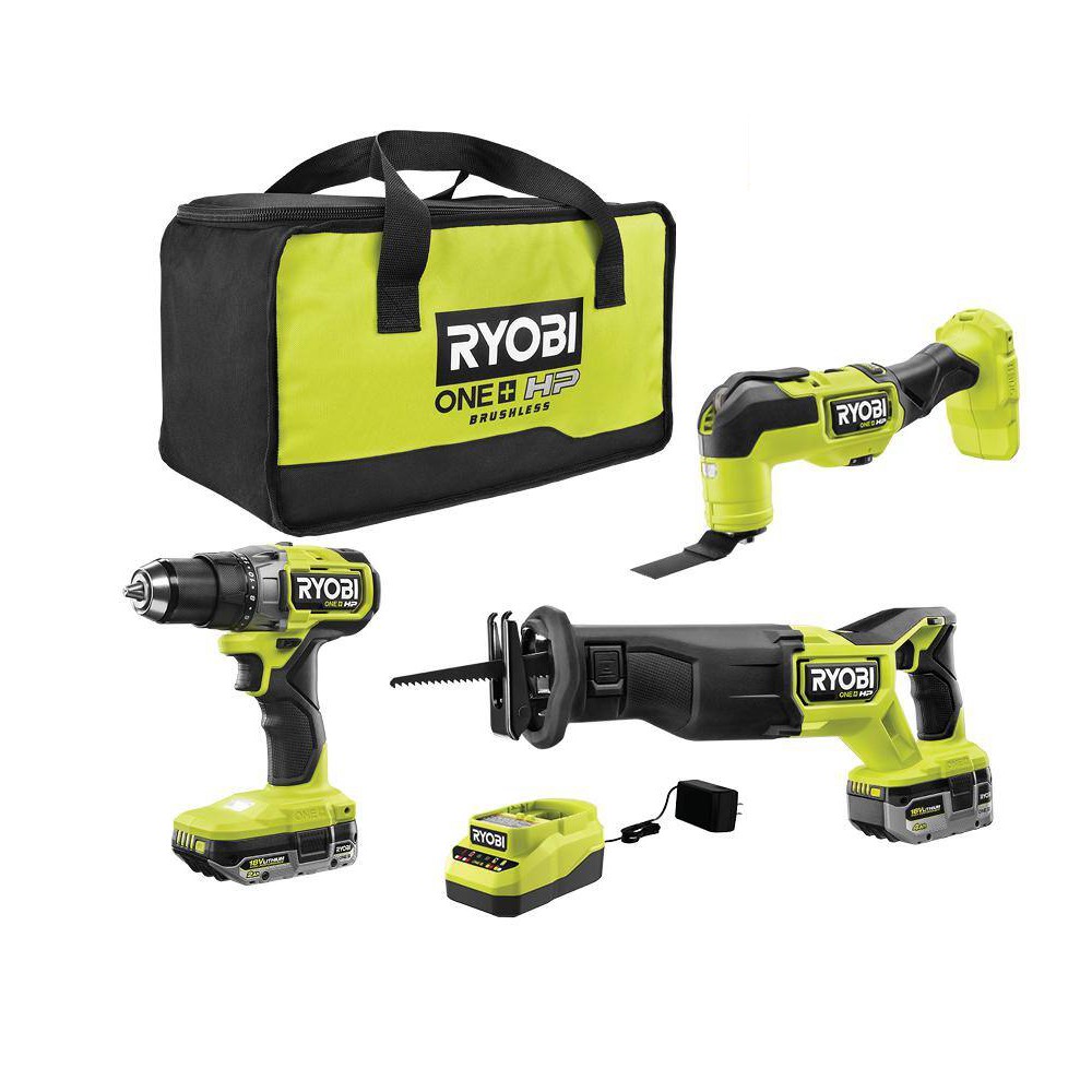 RYOBI PBLCK303K ONE+ HP 18V Brushless Cordless Combo Kit (3-Tool) with (2) HIGH PERFORMANCE Batteries. Charger. and Bag