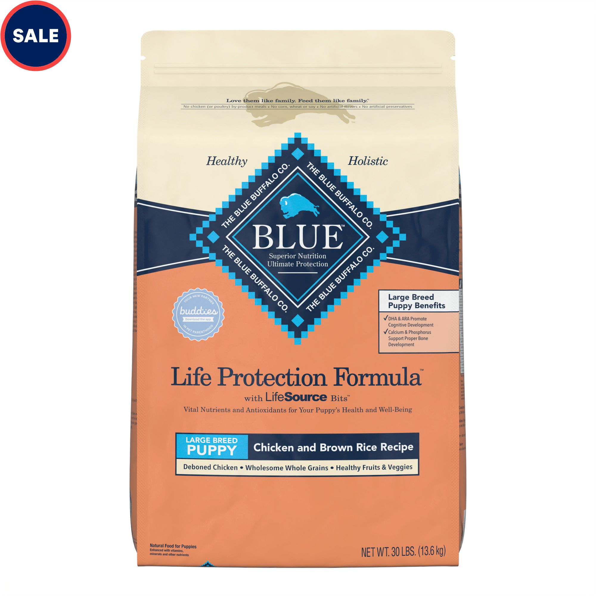 Blue Buffalo Blue Life Protection Formula Natural Puppy Large Breed Chicken and Brown Rice Dry Dog Food. 30 lbs.