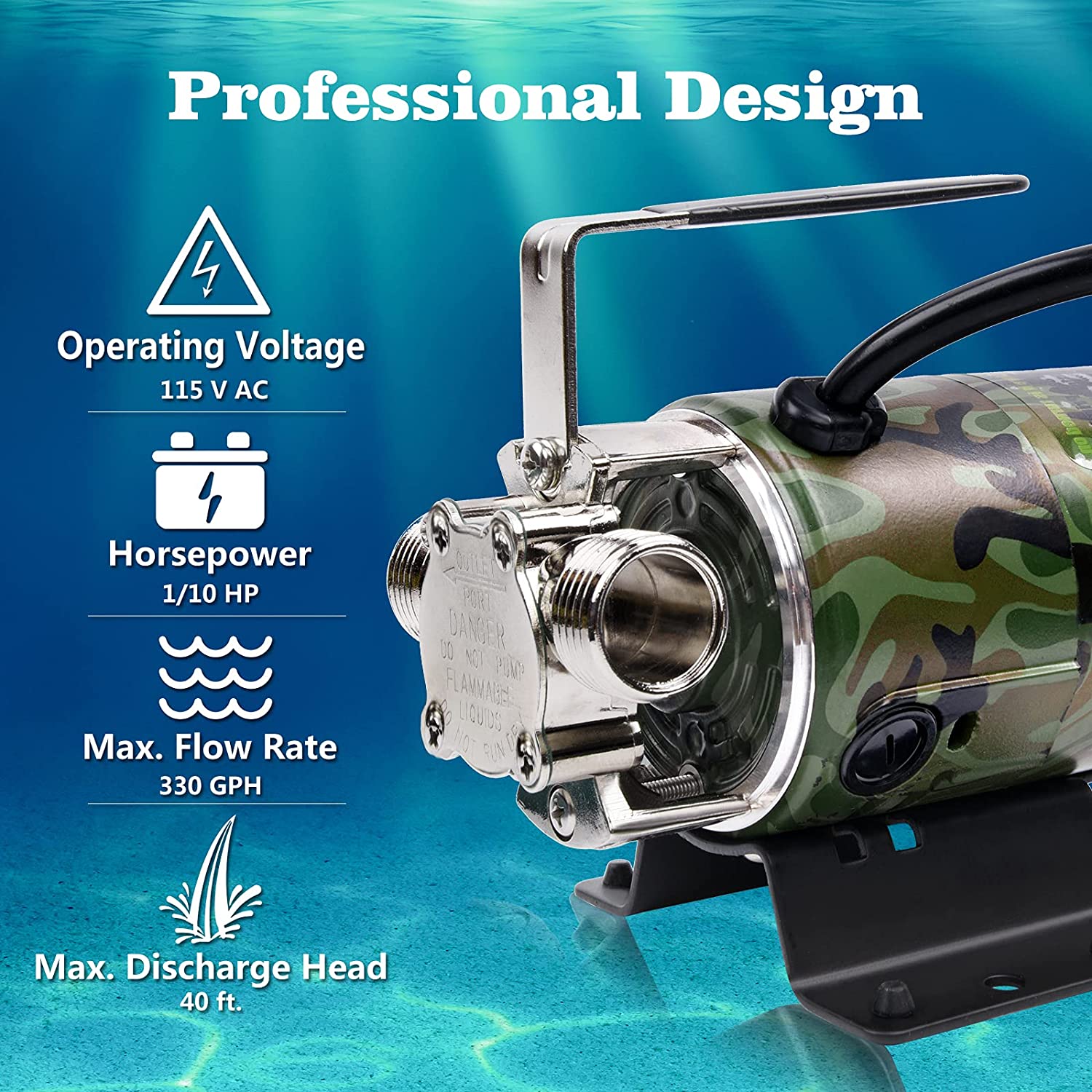 TIGEROAR 115V AC Water Transfer Pump 330 GPH Electric Utility Pump with 6 ft. Suction Pump Hose Pool Pump for Water Transferring from Ponds. Pools. Aquariums. Hot Tubs. etc. - Camouflage Color
