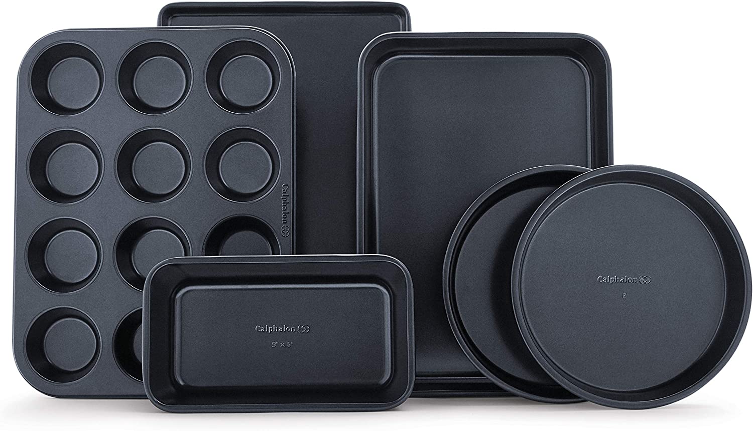 Calphalon Nonstick Bakeware Set. 6-Piece Set Includes Baking Sheet. Cake. Muffin. and Loaf Pans. Dishwasher Safe. Black