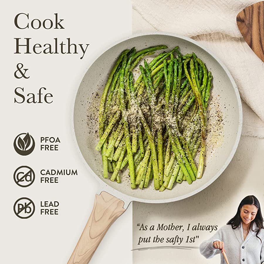 CAROTE Pots and Pans Set Nonstick. White Granite Induction Kitchen Cookware Sets. 10 Pcs Non Stick Cooking Set w/Frying Pans & Saucepans