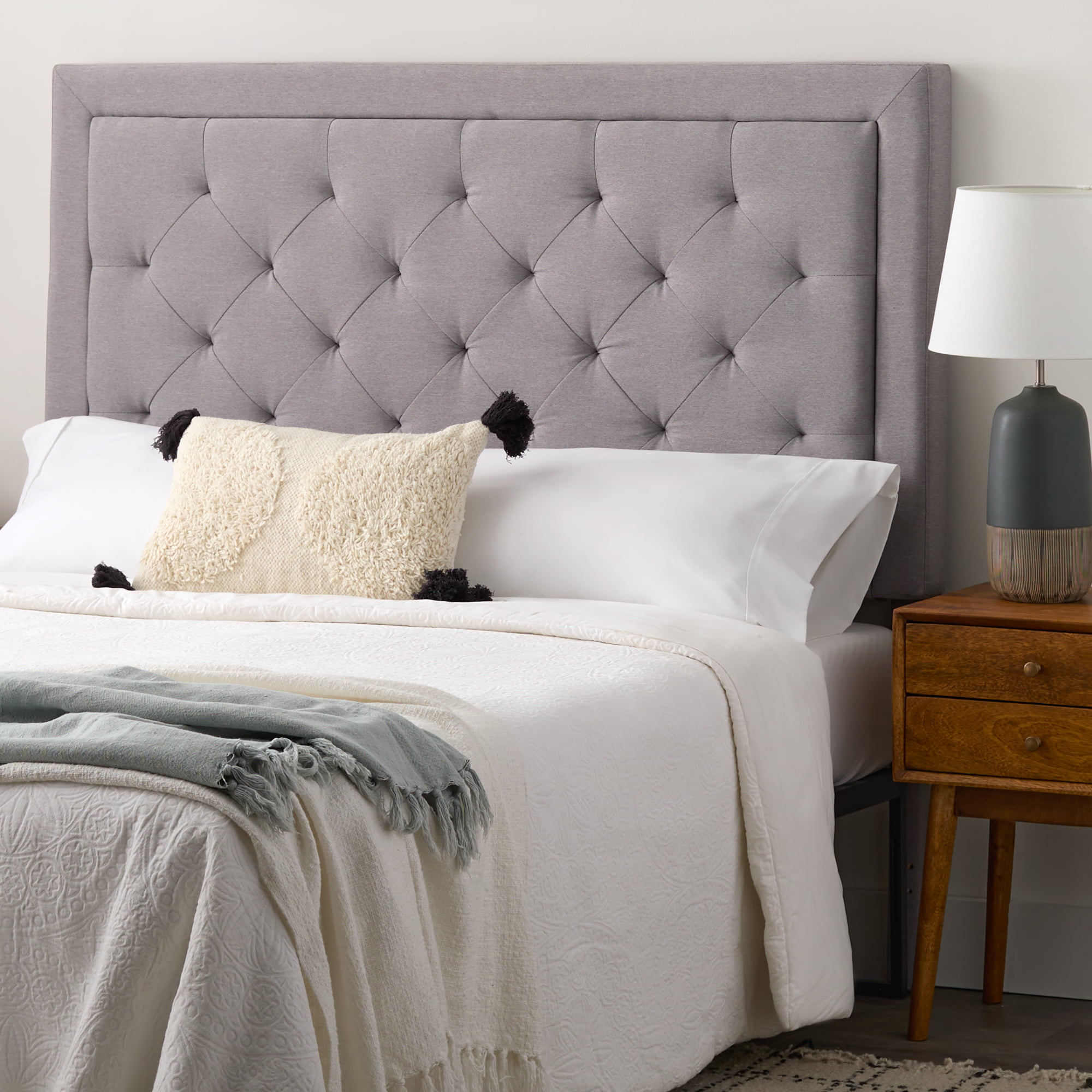 Rest Haven Medford Rectangle Upholstered Headboard with Diamond Tufting. King. Gray