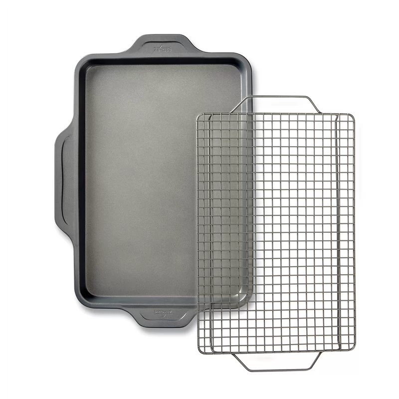 All-Clad J257S264 Pro-Release bakeware sheet with rack. 17 In x 11.5 In x 1 In. Grey