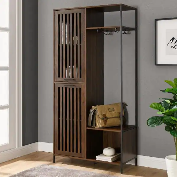 Welwick Designs 72 in. Dark Walnut Slat Door Metal and Wood Hall Tree