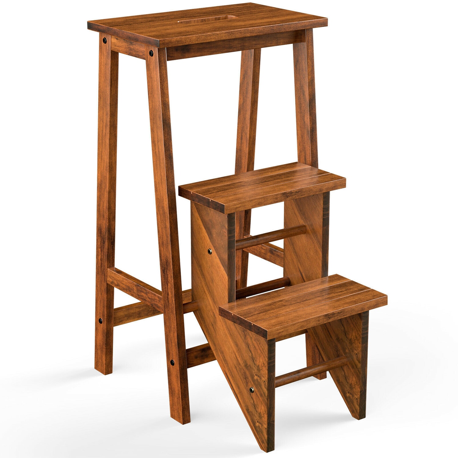 WELLFOR 3-Step 200-lb Capacity Brown Wood Foldable Step Stool