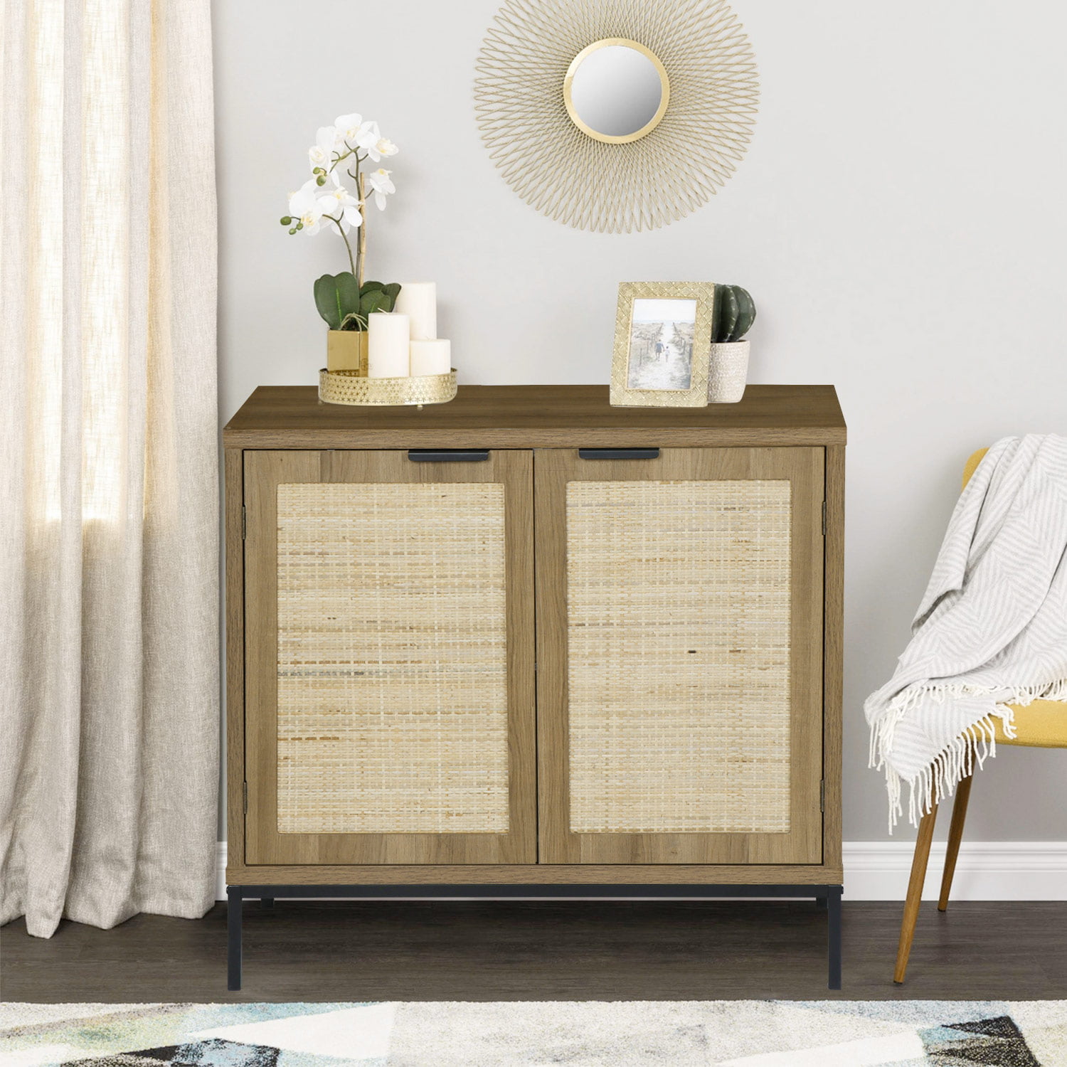 31.5″W Rattan Accent Cabinet Buffet Cupboard. Kitchen Furniture Storage Cabinets for Dining Bedroom Cane Cabinet Sideboards. Natural Oak. H0045