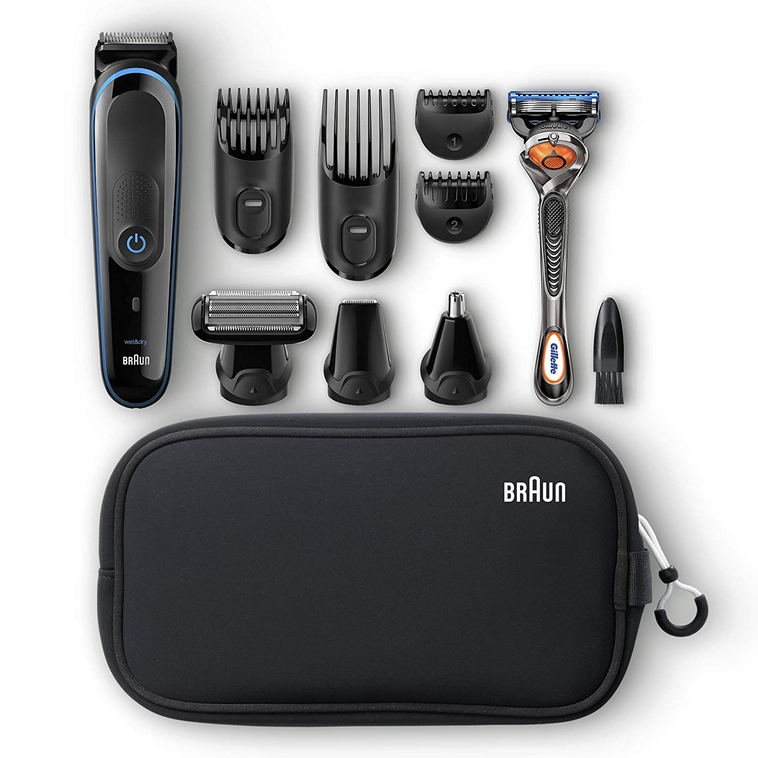 Braun Hair Clippers for Men. 9-in-1 Beard. Ear & Nose Trimmer. Body Grooming Kit. Cordless & Rechargeable with Gillette ProGlide Razor. Black/Blue. 9 Piece Set