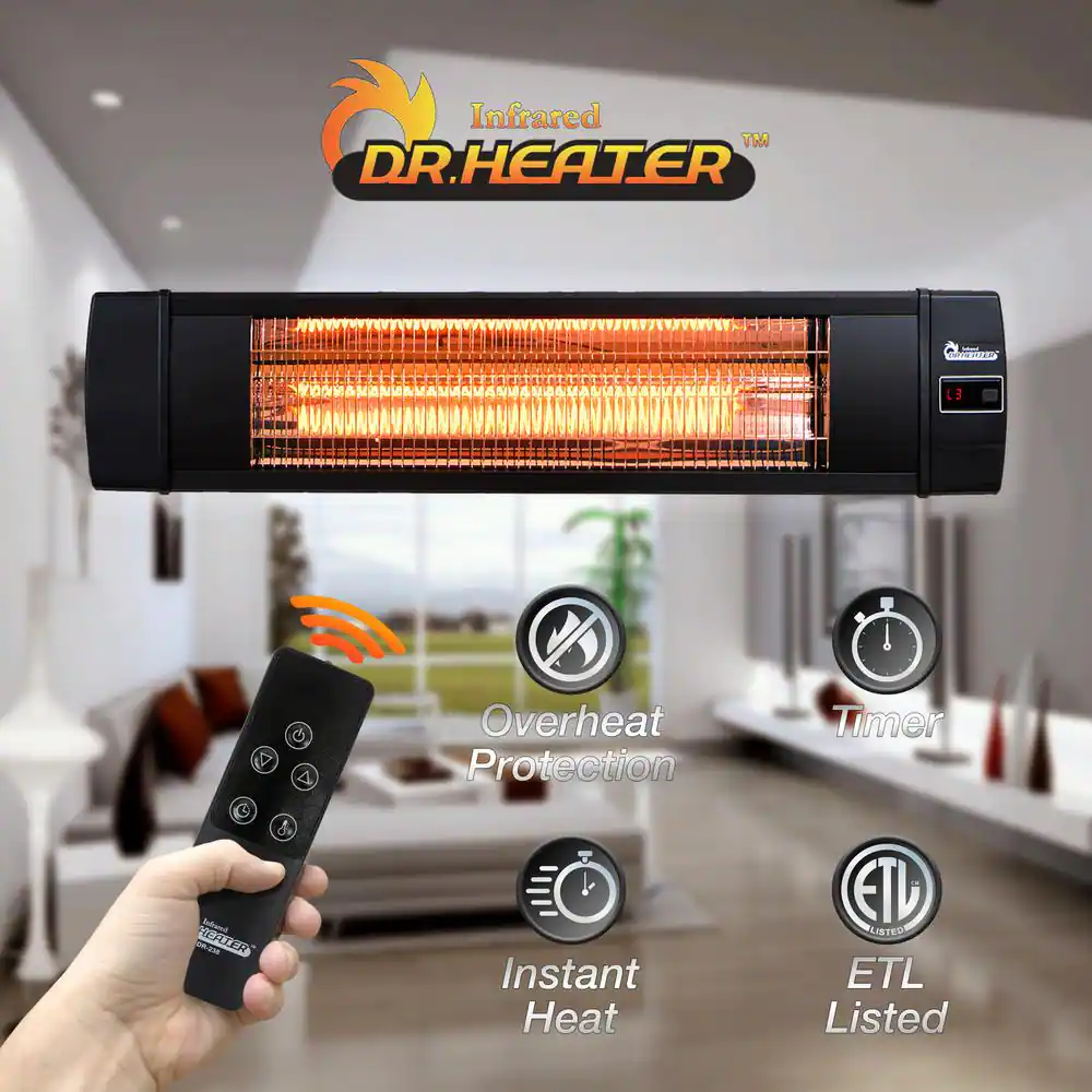 Dr Infrared Heater DR-238 1500-Watt Electric Carbon Infrared Space Heater Indoor Outdoor Patio Garage Wall or Ceiling Mount with Remote. Black