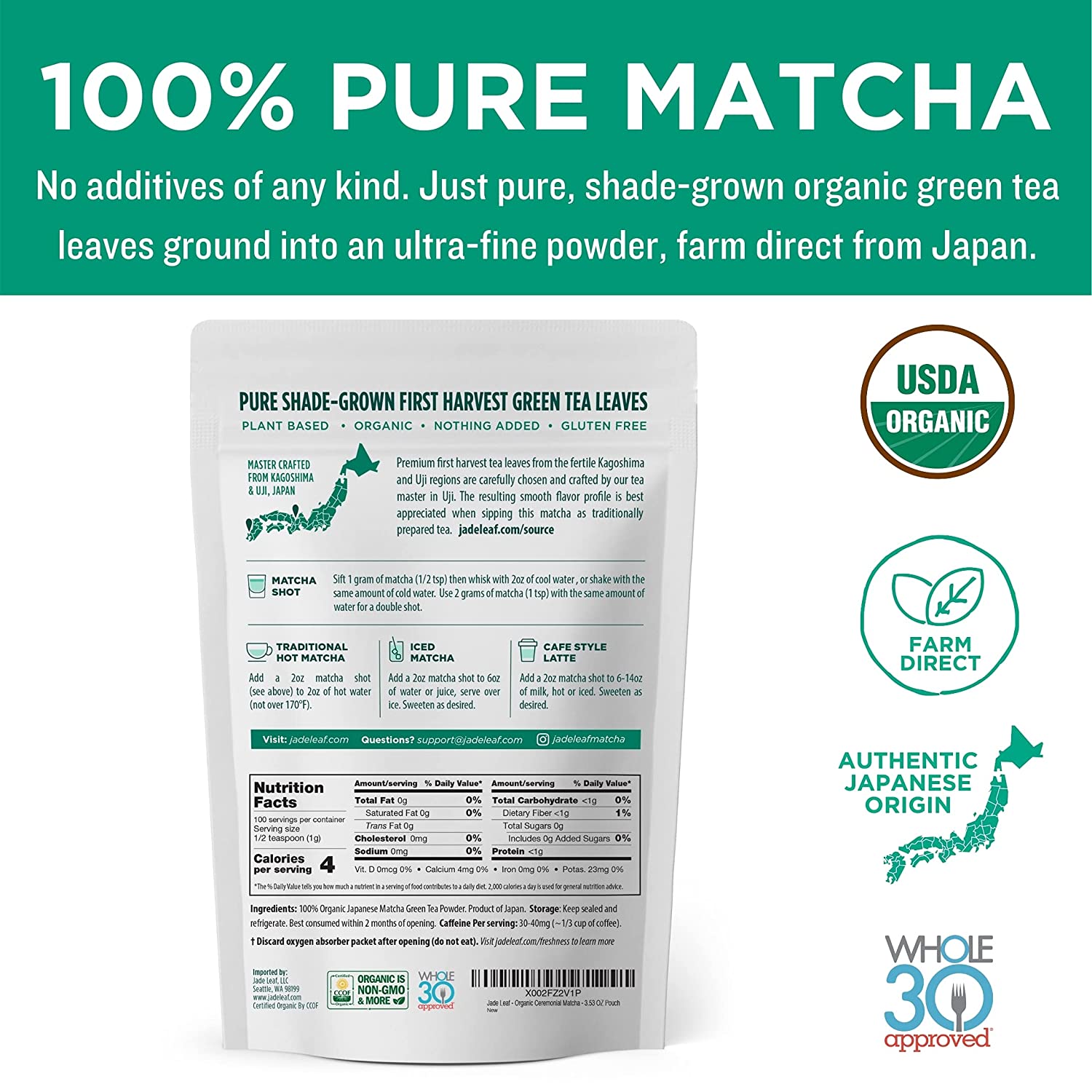 Jade Leaf Organic Matcha Green Tea Powder - Authentic Japanese Origin - Premium First Harvest Ceremonial Grade (3.53 Ounce)