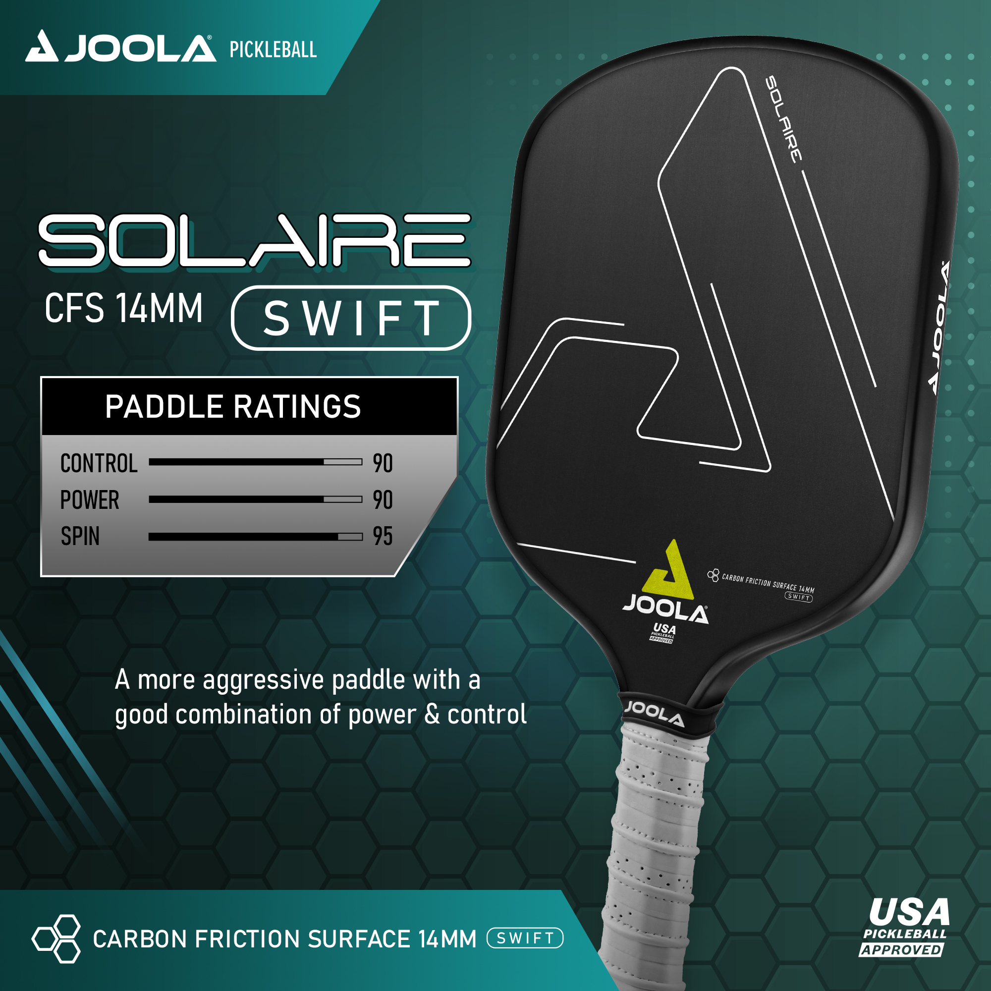 JOOLA Solaire CFS 14mm Swift Pickleball Paddle. Carbon Racket with Spin. Power. & Control