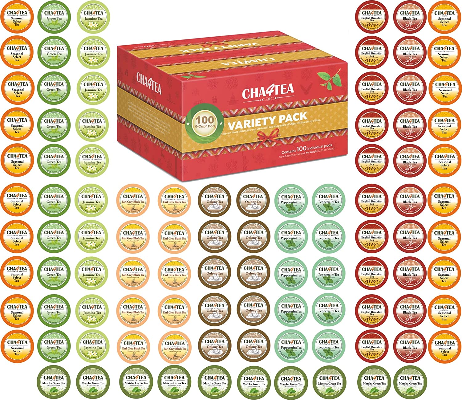 Cha4TEA 100-Count Variety Sampler Pack for Keurig K-Cup Brewers. 10 Flavors