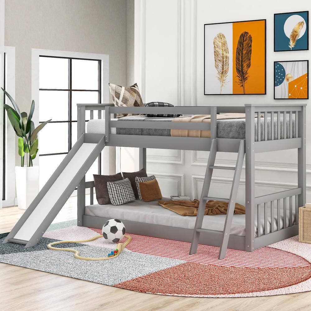 Harper & Bright Designs  Gray Solid Wood Twin Over Twin Bunk Bed with Slide and Ladder