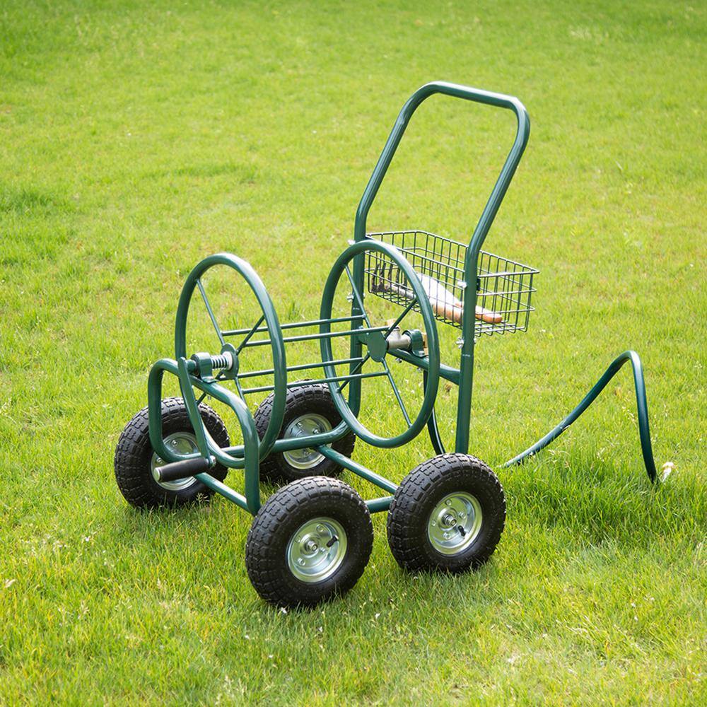 Glitzhome 1429004167 250 ft. Green Steel 4-Wheel Garden Hose Reel Cart