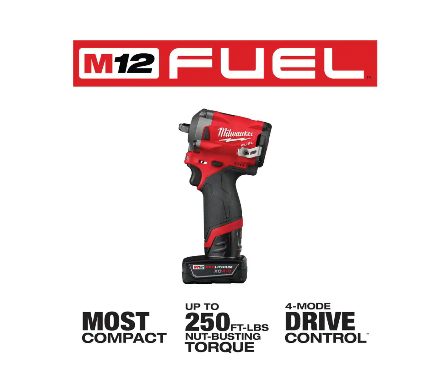 Milwaukee 2554-22-2446-20 M12 FUEL 12V Lithium-Ion Cordless Stubby 3/8 in. Impact Wrench Kit with Grease Gun. One 4.0 and One 2.0Ah Battery