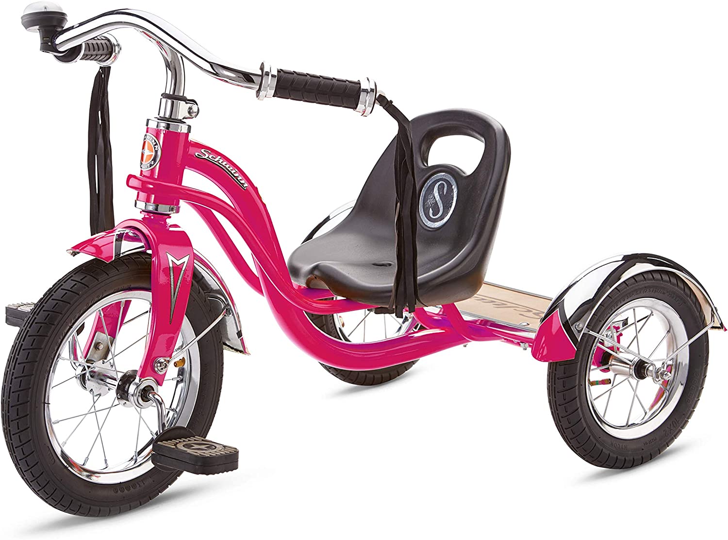 Schwinn Roadster Bike for Toddlers. Kids Classic Tricycle. Boys and Girls Ages 2 - 4 Years Old. Steel Trike Frame. Rear Deck Made of Genuine Wood. & Fabric Tassels. Bright Pink