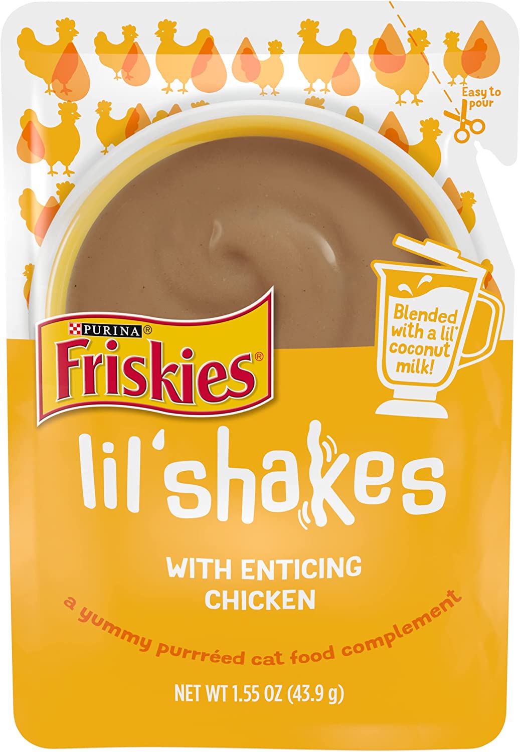 Purina Friskies Pureed Topper Lil- Shakes With Enticing Chicken Cat Food. 1.55-oz bag. Case of 16