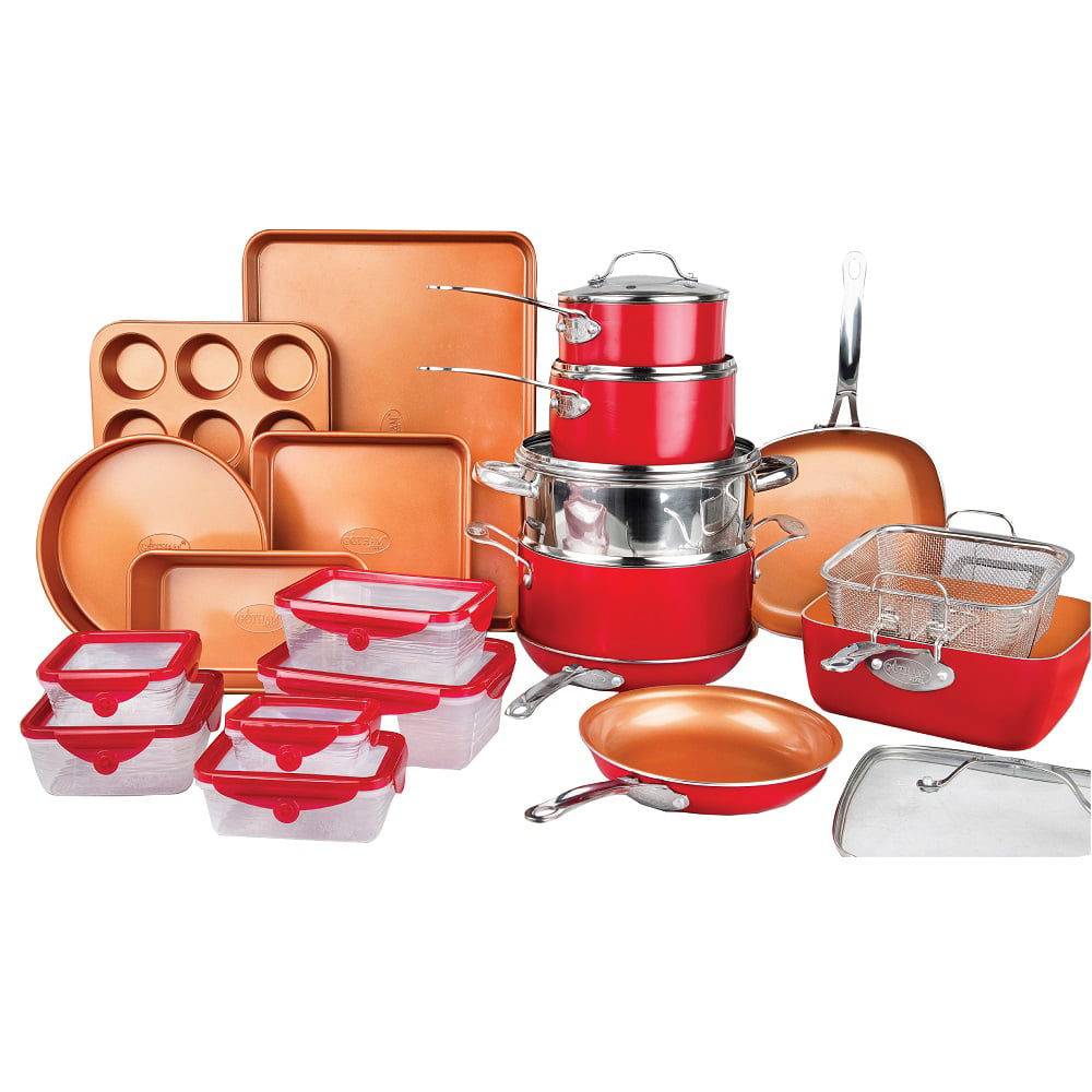 Gotham Steel 32 Piece Cookware Set. Bakeware and Food Storage Set. Nonstick Pots and Pans. Red