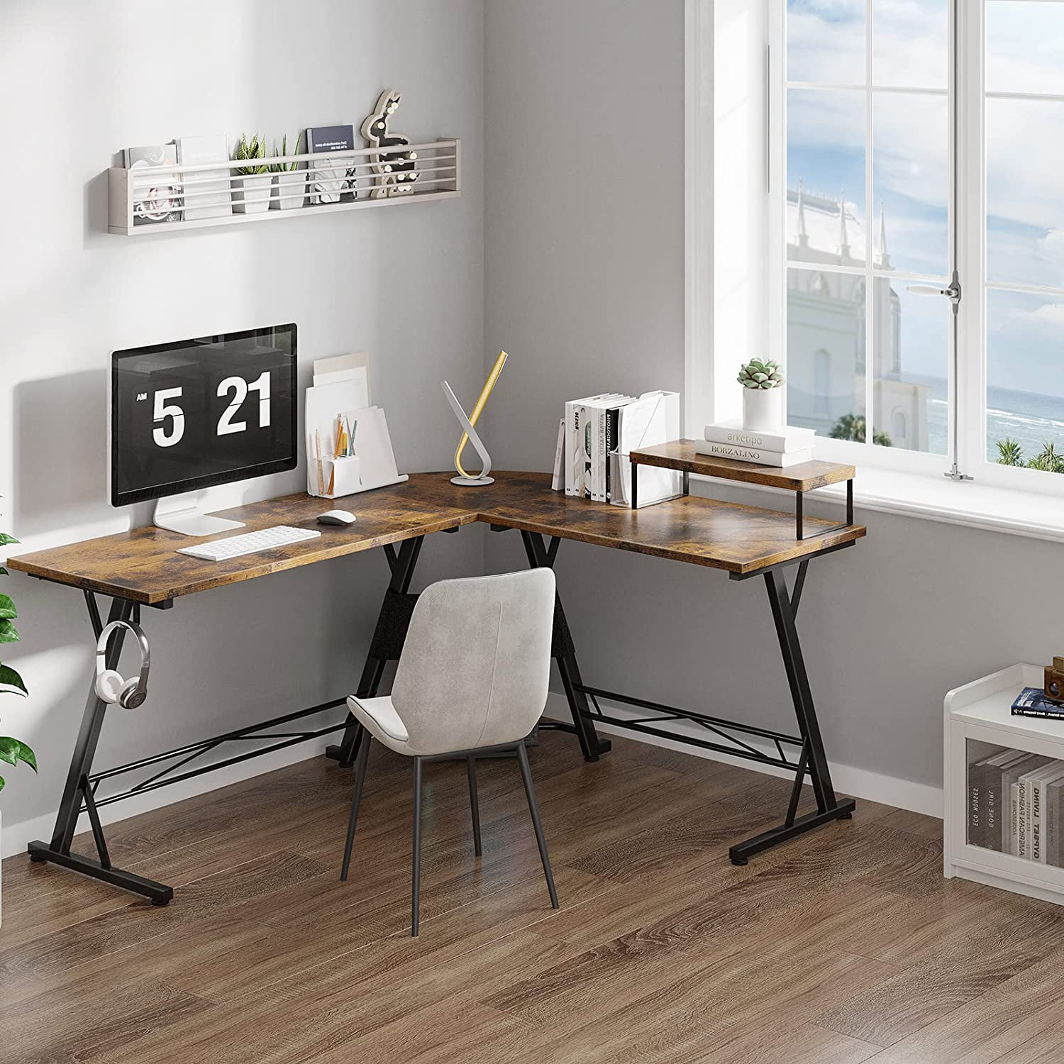 Casaottima 58″ Gaming Desk L Shaped Computer Desk. Corner Desk for Home Office with Monitor Stand. Vintage