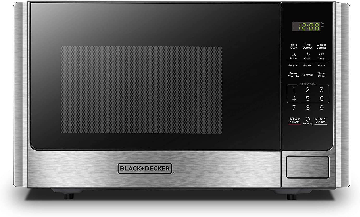 BLACK+DECKER EM925AB9 Digital Microwave Oven with Turntable Push-Button Door. Child Safety Lock. Stainless Steel. 0.9 Cu Ft