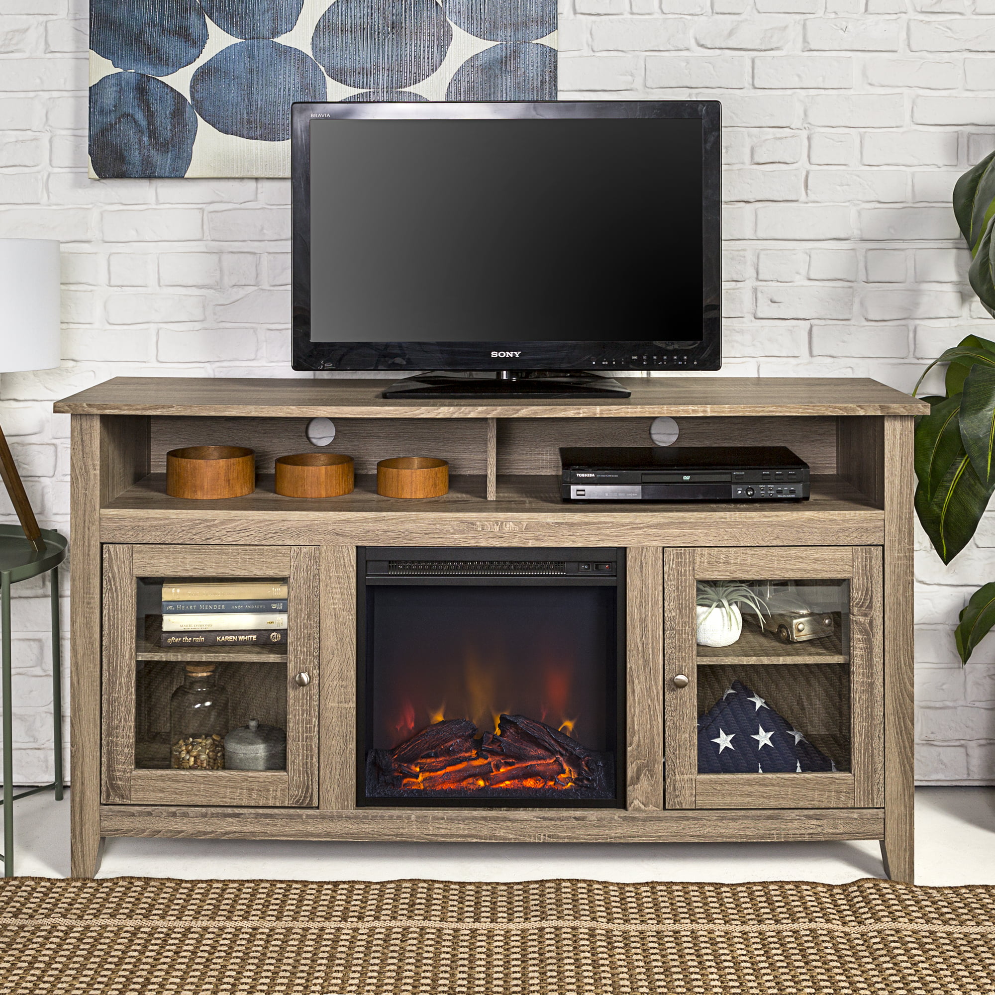 Woven Paths Highboy 2 Door Electric Fireplace TV Stand for TVs up to 65″. Driftwood
