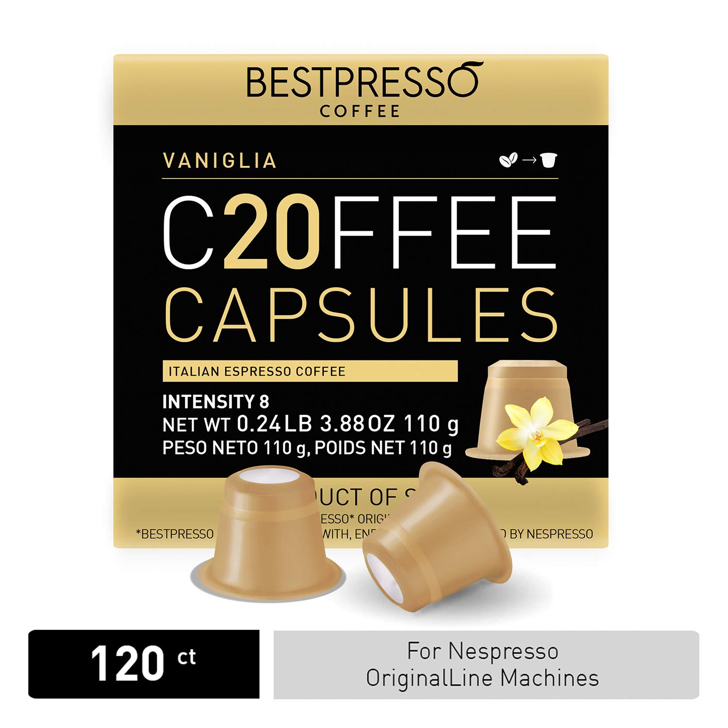Bestpresso Coffee for Nespresso Original Machine 120 pods Certified Genuine Espresso Flavored Pack Vanilla Pods Compatible with Nespresso Original 60 Days Satisfaction Guarantee