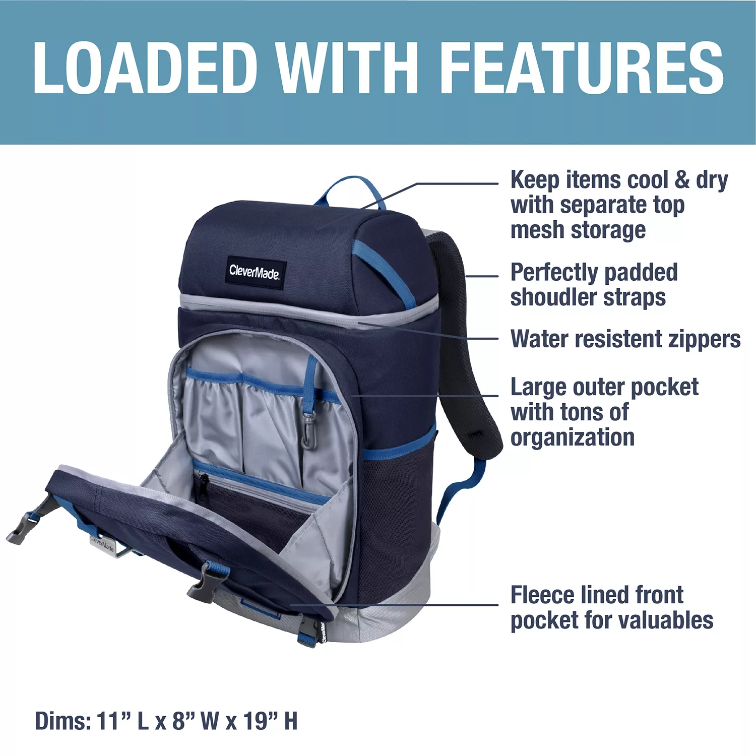 CleverMade Cardiff 24-Can Backpack Cooler. Navy/Neptune Blue