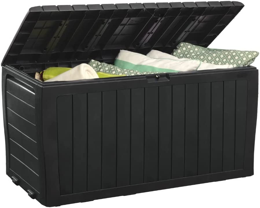 Keter Marvel Plus 71 Gallon Resin Deck Box-Organization and Storage for Patio Furniture Outdoor Cushions. Throw Pillows. Garden Tools and Pool Toys. Graphite