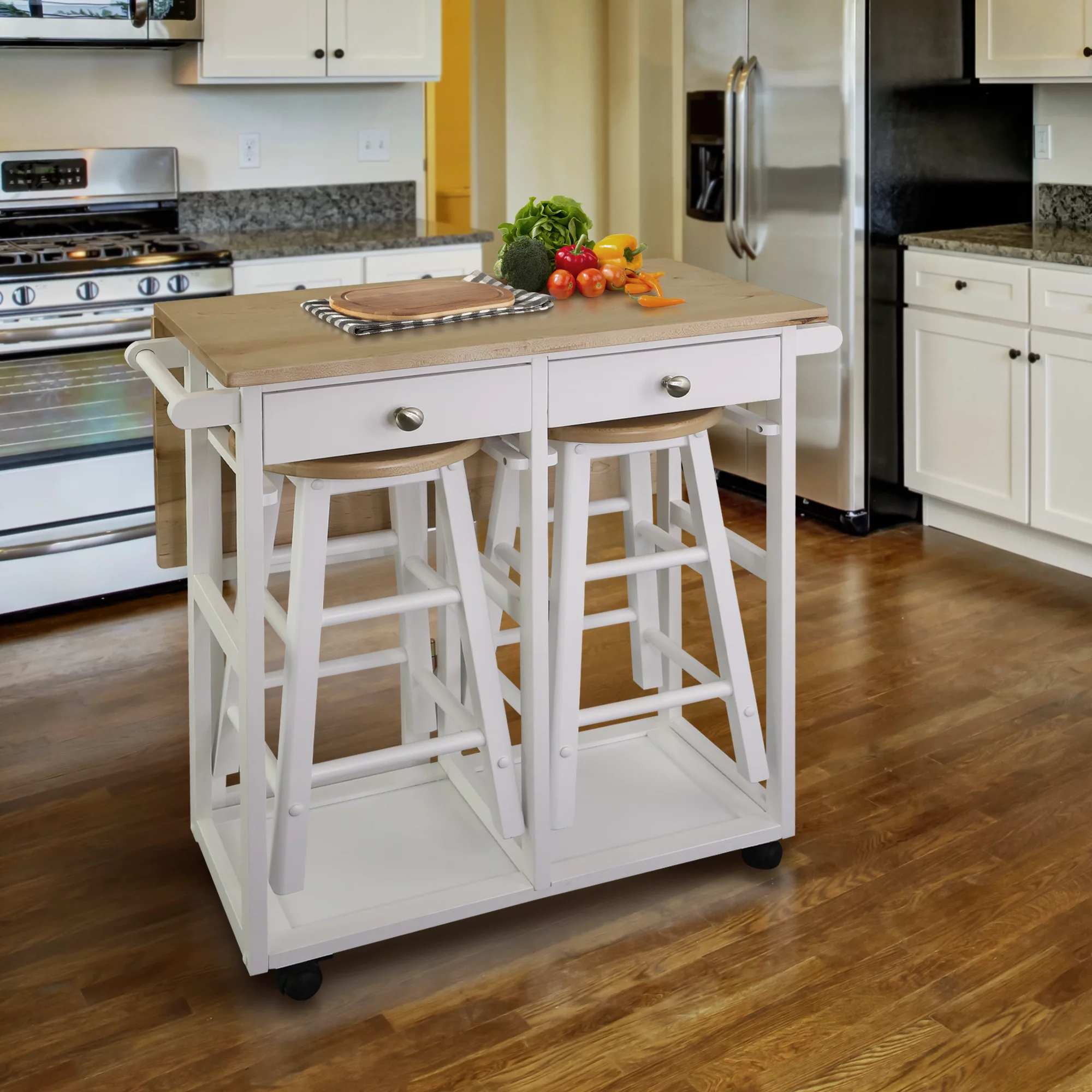 American Trails Breakfast Cart with Drop-Leaf Table. Harvest Hardwood Top. Square - White