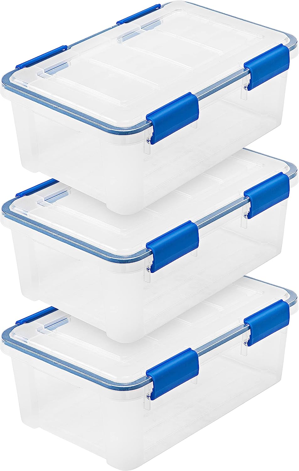 IRIS USA 16 Quart WEATHERPRO Plastic Storage Box with Durable Lid and Seal and Secure Latching Buckles. Clear With Blue Buckles. Weathertight. 3 Pack