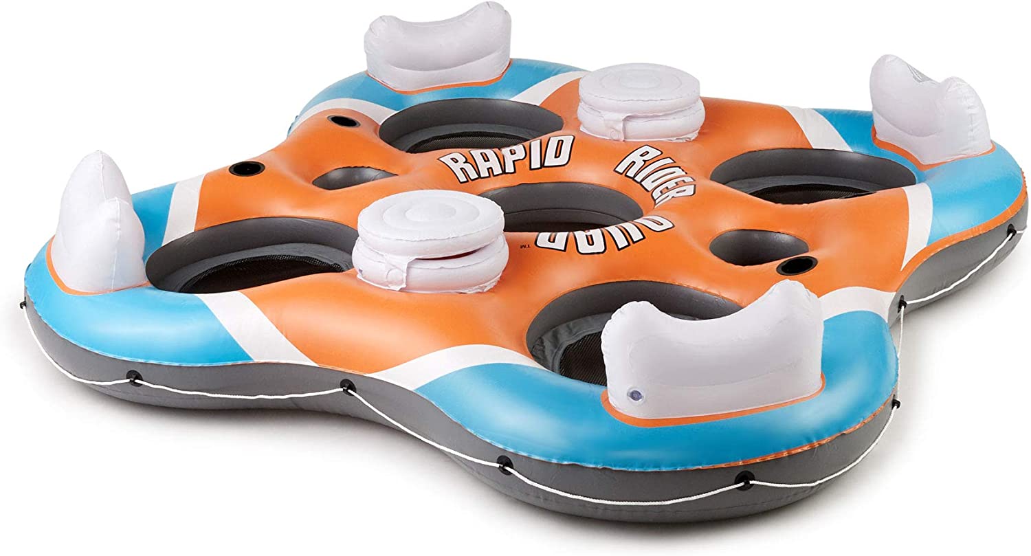 Bestway Hydro-Force Rapid Rider 4 Person Inflatable River Tube Water Float Lounger with Built-In Backrests. Cupholders. Coolers. and Handles. Orange