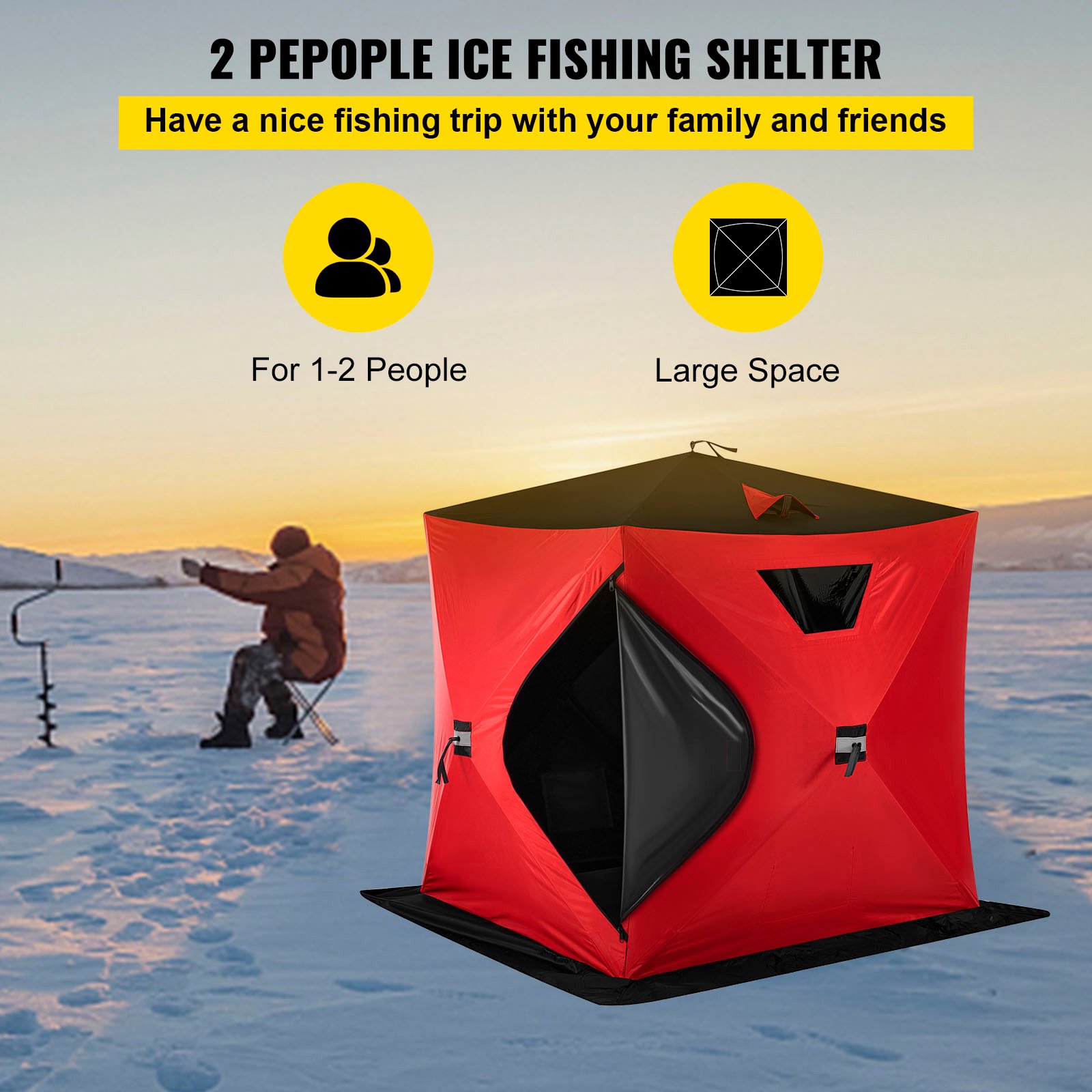 VEVORbrand Waterproof Pop-Up 2-Person Carrying Bag Ice Fishing Shelter with Detachable Ventilation Windows. 300D Oxford Fabric Zippered Door Shanty for Outdoor Fishing. Red