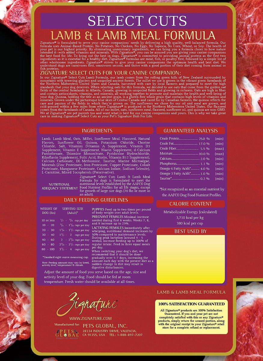 Zignature Select Cuts Lamb Formula Dry Dog Food  25 lb