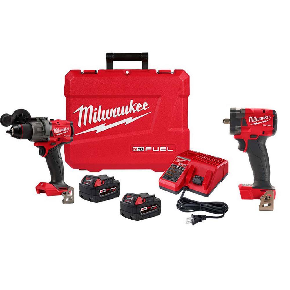 Milwaukee 2904-22-2854-20 M18 Fuel 18-V Lithium-Ion Brushless Cordless 1/2 in. Hammer Drill Driver Kit with M18 FUEL 3/8 in. Impact Wrench