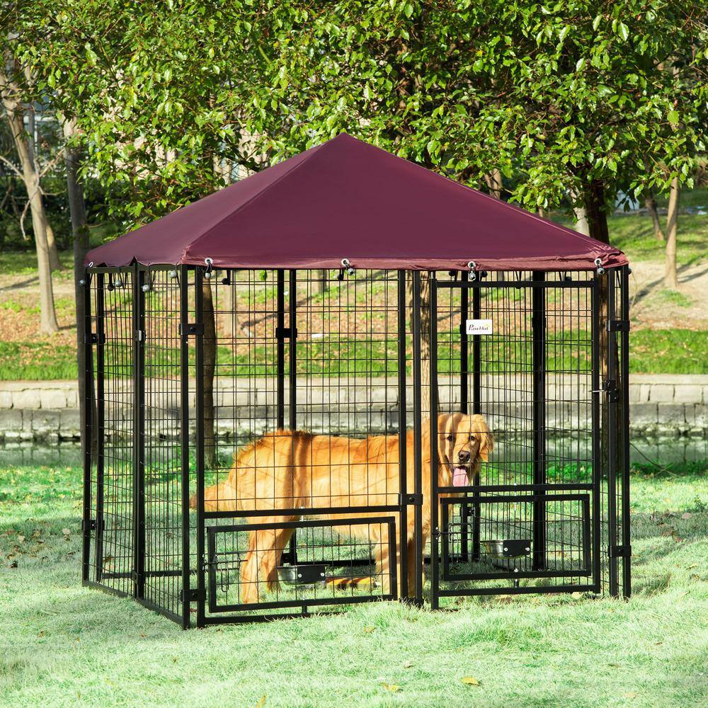 PawHut D02-092 0.0005-Acre Black Steel In-Ground Dog Fence Dog Kennel House with Canopy and 2-Bowls