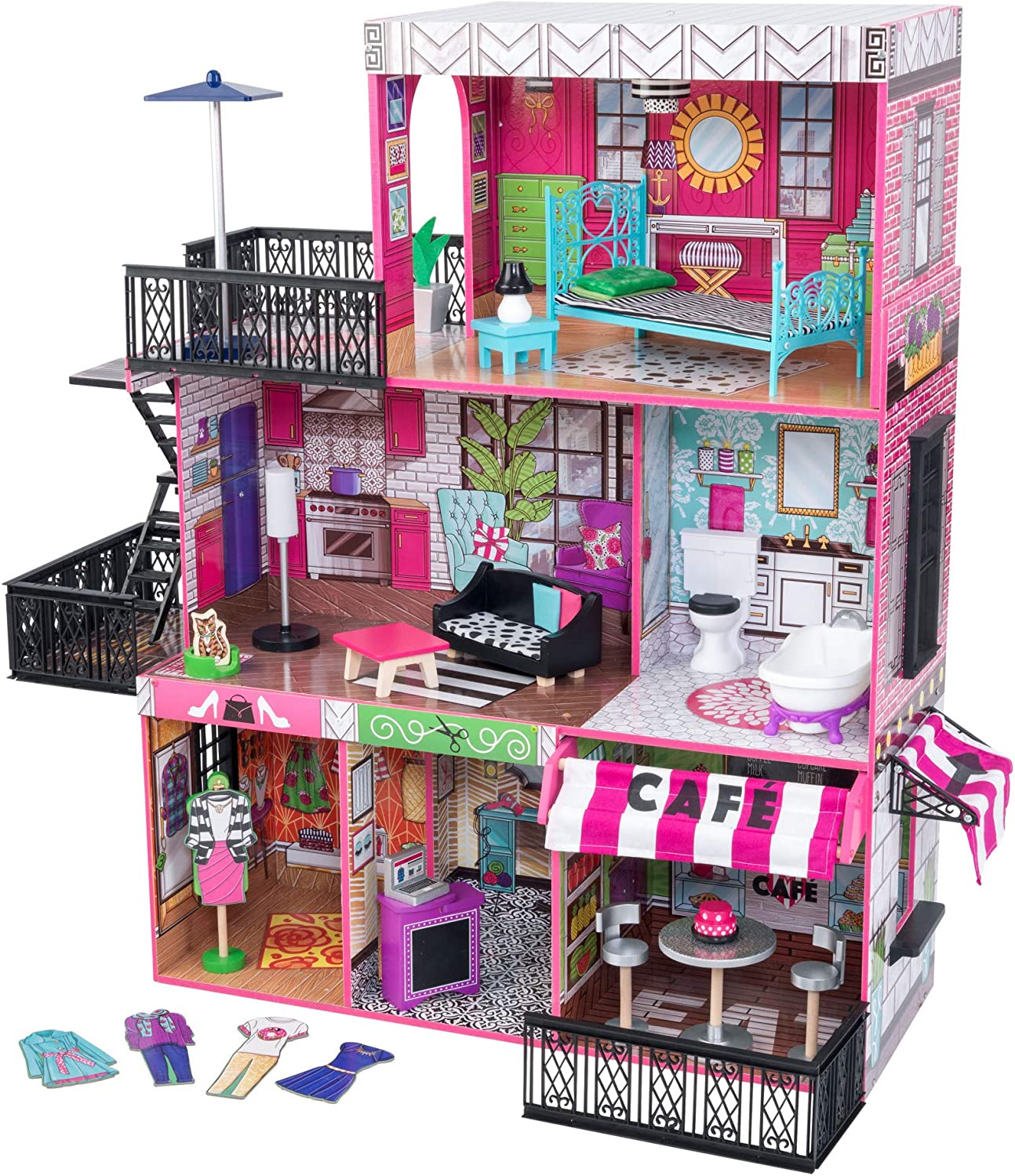 KidKraft Brooklyn-s Loft Wooden Dollhouse with 25-Piece Accessory Set. Lights and Sounds. Gift for Ages 3+