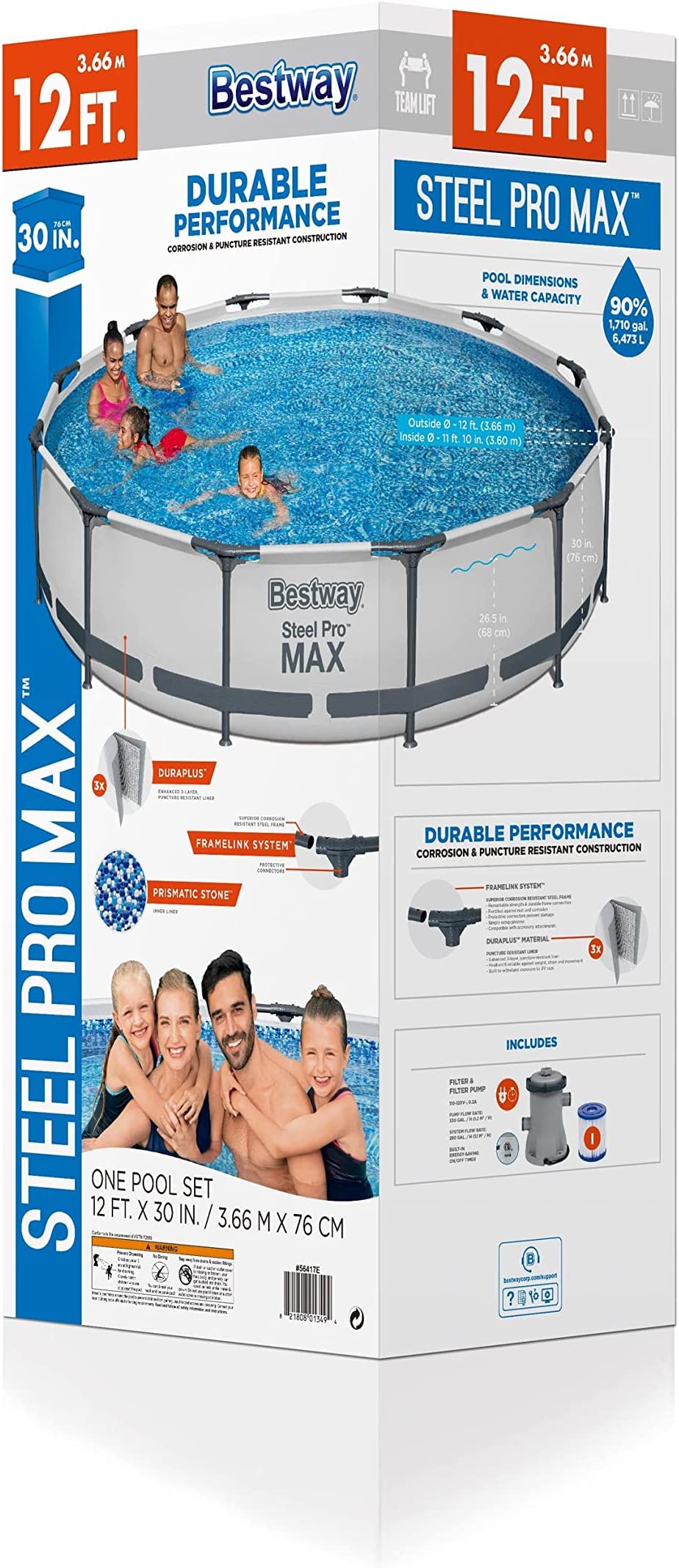 Bestway Steel Pro MAX 12 Foot x 30 Inch Round Metal Frame Above Ground Outdoor Backyard Swimming Pool Set with 330 GPH Filter Pump