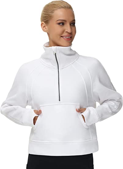 Women's Half Zip Pullover Sweatshirt Fleece Stand Collar Crop Sweatshirt with Pockets Thumb Hole. White