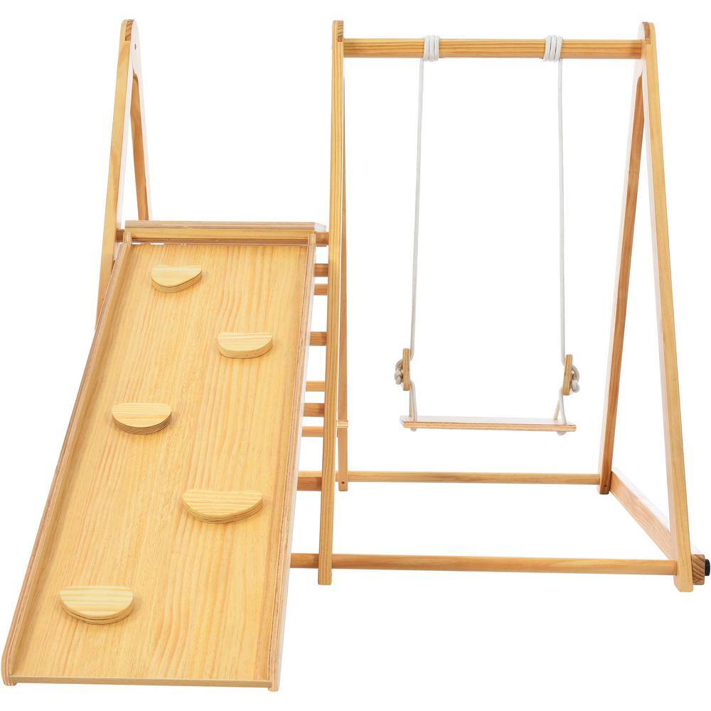 TIRAMISUBEST WFXY297446AAK 4-in-1 Natural Indoor Kids Playset with Climb Ramp. Swing and Slide